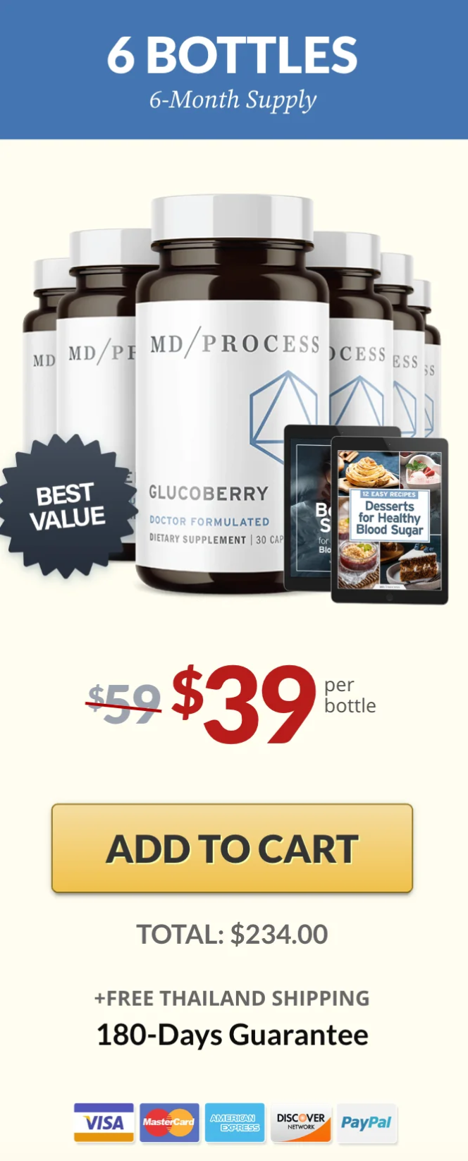 Six bottle best value package offering maximum savings for long term GlucoBerry use