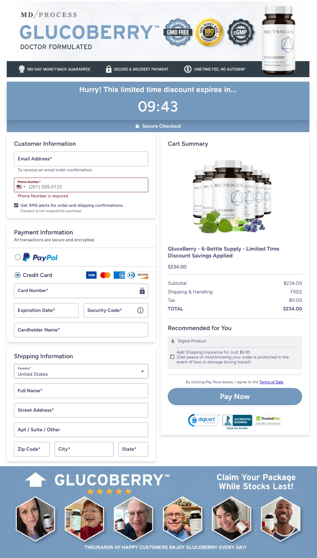 Secure checkout page for GlucoBerry with encrypted payment protection
